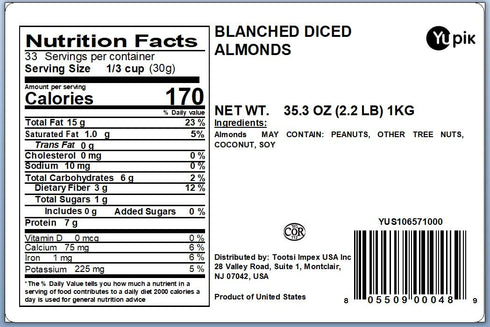 Yupik Blanched Diced Almonds, 2.2 lb, Kosher, Unsalted, Skinless, Crunchy Snacks for Baking & Cooking