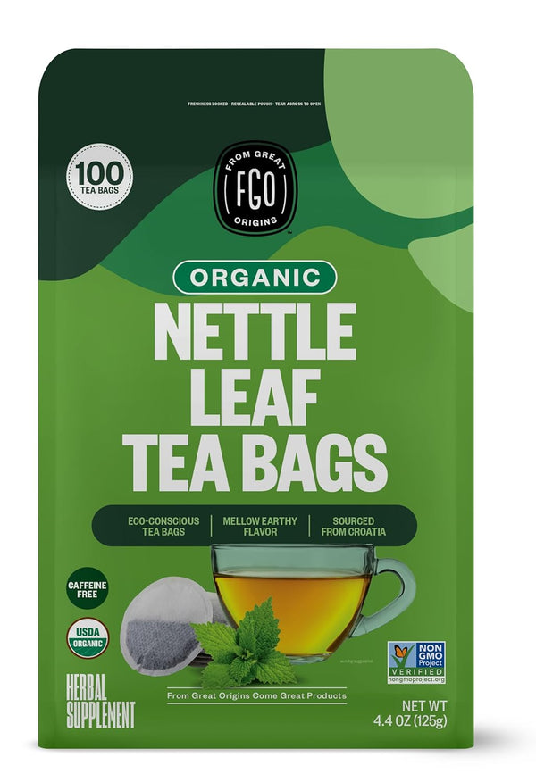 FGO Organic Nettle Leaf Tea, 100 Count, Eco-Conscious Caffeine Free Tea Bags in Resealable Bag