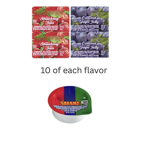 Movelo Pack 30 10 10 10 Pack of Single-Serve PB&J Cups Grape Jelly, Strawberry Jam, Creamy Peanut Butter Variety Snack