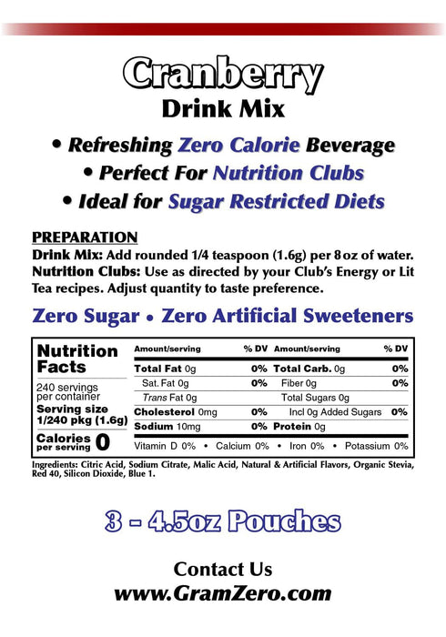 Cranberry Zero Calorie Drink Mix - Sugar Free Stevia Sweetened