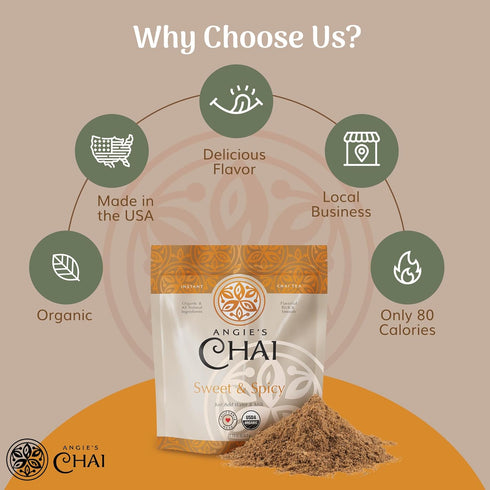 30 80 Angie's Chai Sweet & Spicy Organic Instant Chai Tea Powder - Made in USA, Delicious Spiced Chai Powder Mix