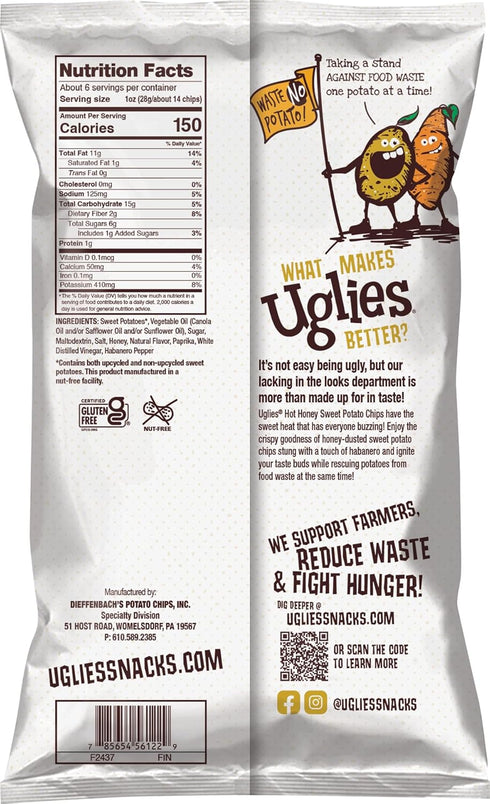 5.5 Oz. Pack 4 UGLIES Hot Honey Sweet Potato Kettle-Cooked Potato Chips, Gluten-Free Snacks, Kosher-Friendly, Non-GMO