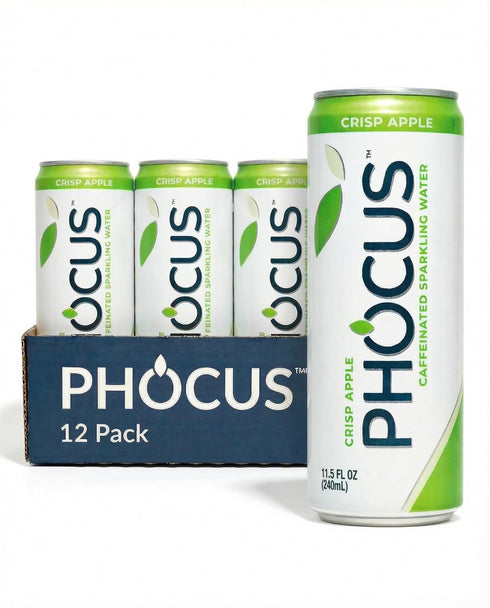 PHOCUS Caffeinated Sparkling Water, Crisp Apple, 75mg Natural Caffeine Plus L-Theanine, Zero