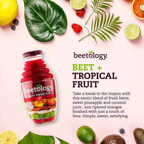 8.45oz (6 Pack) 100% Packed Beetology Organic Beet and Tropical Juice, | Cold Pressed | Heart Healthy | Nutrient
