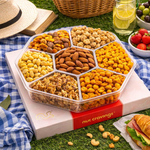 (7 1 LB) Package, NUT CRAVINGS - Mothers Day Treats, Mixed Nuts Gift Basket in Red Gold Classic Box Assortments, Treats