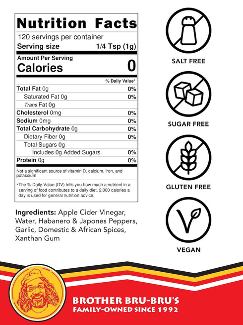 Brother Bru-Bru’s Hot Sauce – No Sodium, Sugar Free, Vegan, 5 oz (Pack of 1)