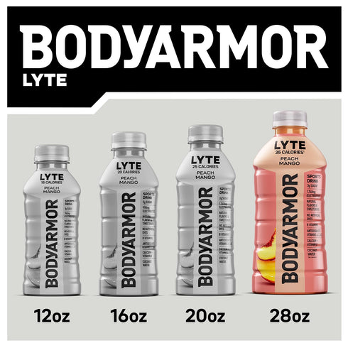 35 28 Oz (15 Pack), BODYARMOR LYTE, Peach Mango, Electrolyte Drink, Calories, Fl Bottles Coconut Water Sports Drink