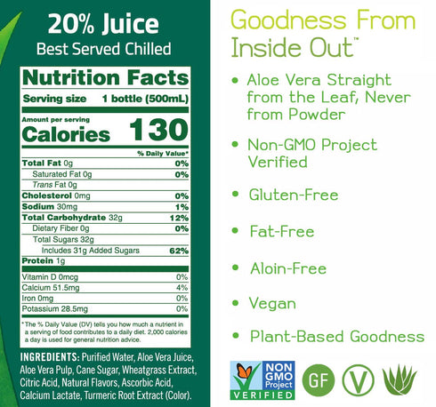 16.9 oz, Pack 12 ALO Aloe Vera Juice Drink | AWAKEN - Aloe Vera + Wheatgrass | fl of | Plant Based Drink with Real Aloe