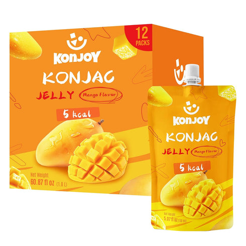 KONJOY Konjac Jelly Mango Flavor, 12 Squeeze Pouches Drinkable Jelly Snack Low