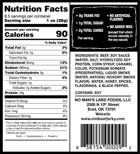 16G 8.5oz No Mans Land High Protein Beef Jerky | Protein, Low Carb, Low Calorie Beef Snack | Slow-Dried, Smoked