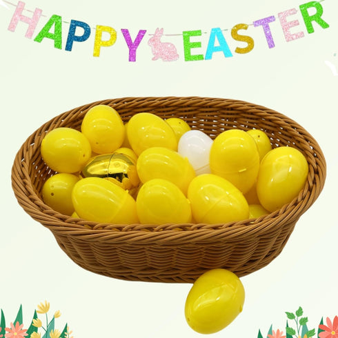60 1 1 GCQJOQ Easter Eggs Plastic Fillable Easter Eggs Bulk for Easter Theme Party Favor, Yellow Eggs, Gold Egg, White