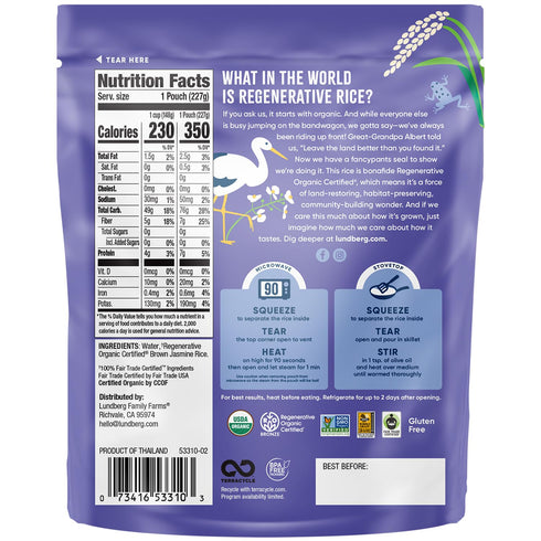 90 8 Oz Lundberg Brown Jasmine Rice, Ready in Seconds RegenerativeOrganic Certified Long Grain Brown Rice