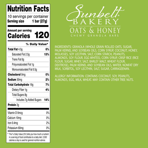 120-1.0 OZ (8 Sunbelt Bakery Oats & Honey Chewy Granola Bars, Bars Boxes)