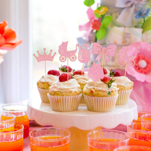 48 Pieces Baby Shower Cupcake Toppers for Girls, Glitter Pink Baby Girl Food Picks