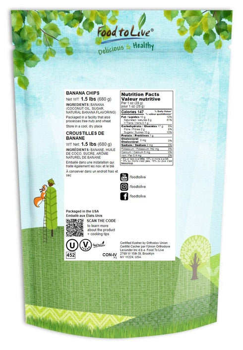 1.5 Food to Live Banana Chips, Pounds Sweetened, Unsulfured, Kosher, Vegan, Bulk, Crisp & Tasty Snack