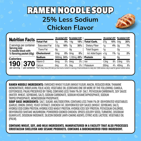 3 Oz. (24 Pack) Maruchan Ramen Noodle Soup, Less Sodium Chicken Flavor Japanese-Style Instant Noodles, Quick & Easy