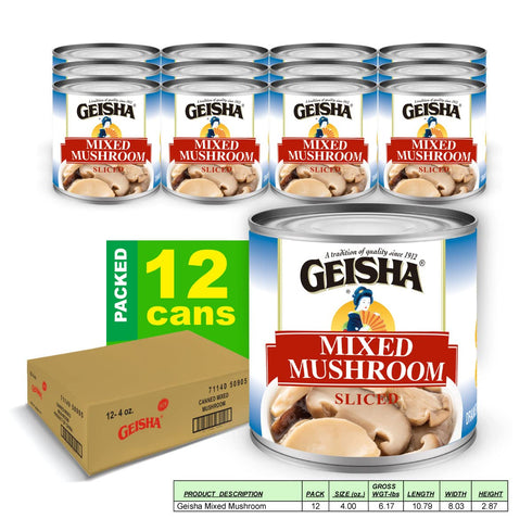 4OZ. (Pack 12), 10 GEISHA Mixed Mushroom Sliced of Mixed Mushroom| Halal Certified NON-GMO Gluten FreeGood Source