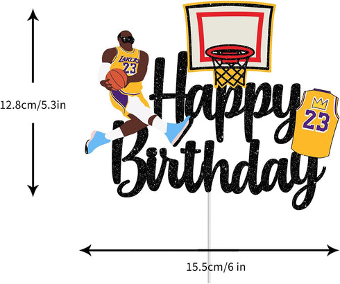Basketball Cake Topper - Happy Birthday Party Basketball Star Themed Cake Decorations for Boys and Girls Black Glitter