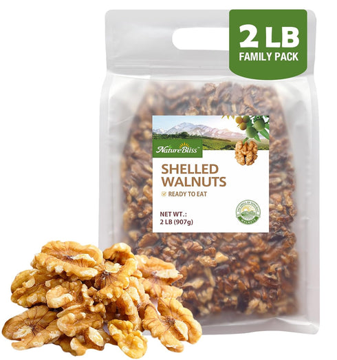 NatureBliss Raw Walnut Halves & Pieces, 2LB Premium Skin-On Walnuts, 90% Whole