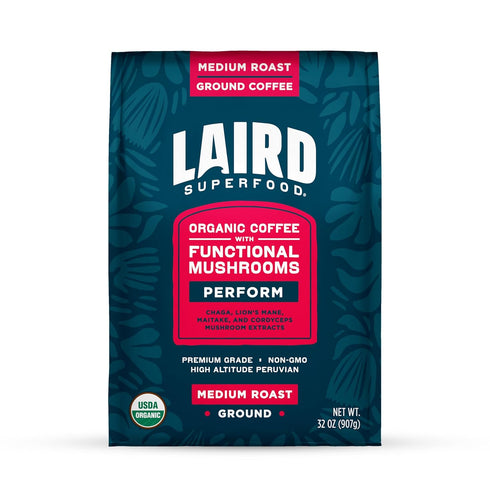 Laird Superfood Peruvian Medium Roast Coffee with Functional Mushrooms, Certified Organic Peruvian