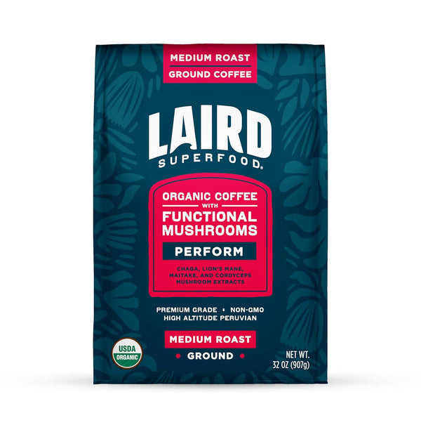 Laird Superfood Peruvian Medium Roast Coffee with Functional Mushrooms, Certified Organic Peruvian