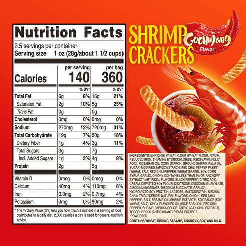 2.64 oz (Pack 20) Nongshim Shrimp Crackers, Gochujang Flavor, Crispy Baked Korean Snack, Bags