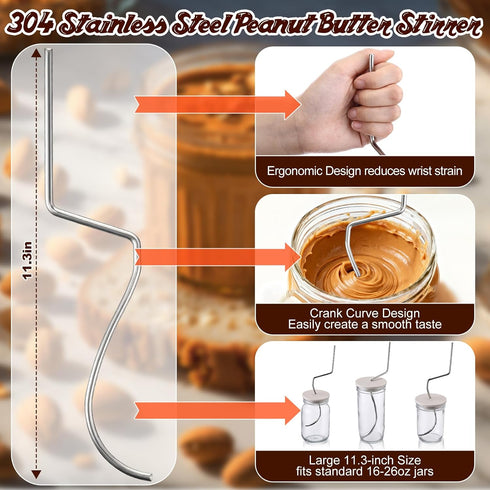 11.3in 304 Enhon Natural Peanut Butter Stirrer Kit, Stainless Steel Peanut Butter Mixer with Spill Resistant Silicone