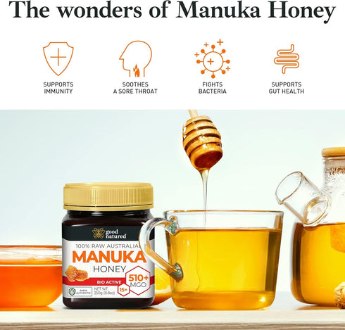 510+) 8.8 oz Good Natured Manuka Honey (MGO - High Grade Raw Manuka Honey Medical Grade, Non-GMO, Lab-Tested & AMHA