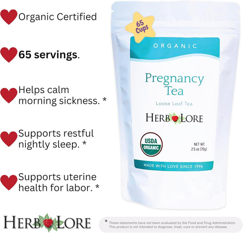 Herb Lore 65 Organic Pregnancy Tea - Servings Loose Leaf - Raspberry Leaf Tea for Pregnant Women - First Trimester