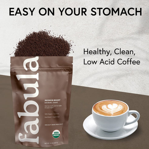 12 oz Fabula Low Acid Coffee, USDA Organic Ground Coffee Medium Roast - Non GMO - No Molds - Mycotoxins Pesticides Free
