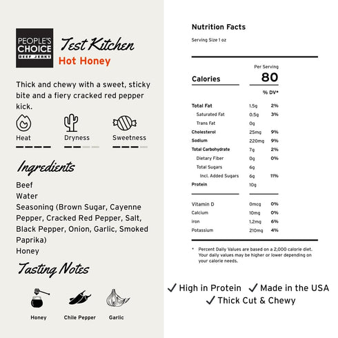 10g 1 (16 oz) Peoples Choice Beef Jerky Test Kitchen Hot Honey Sweet & Spicy Protein Made in USA Pound Bag