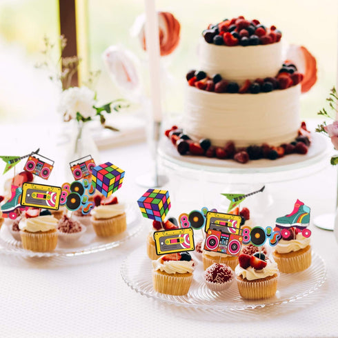 48pcs 80's Cupcake Toppers, Retro Cupcake Toppers for Totally 1980s Party DIY Dessert Decoration Supplies