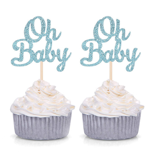 Blue Glitter Oh Baby Cupcake Toppers, Baby Shower Boy's First Birthday Party Decorations (Pack of 24)