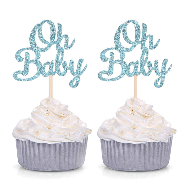 Blue Glitter Oh Baby Cupcake Toppers, Baby Shower Boy's First Birthday Party Decorations (Pack of 24)