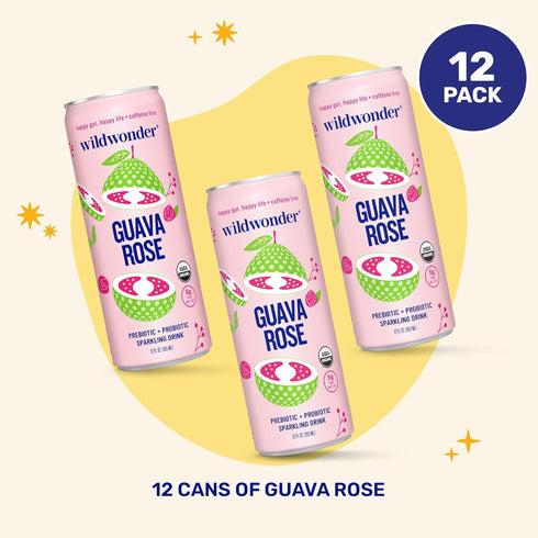 12pk, Immune 5 12 Pack, 12 Oz wildwonder Sparkling Probiotic Drink for Gut Health & Support, Guava Rose, G Prebiotic