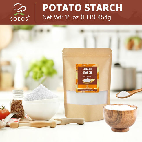 16 oz(1lb) 454g Soeos Potato Starch, Gluten-Free Thickener for Baking, Frying & Sauces, Crisp Texture Corn Starch