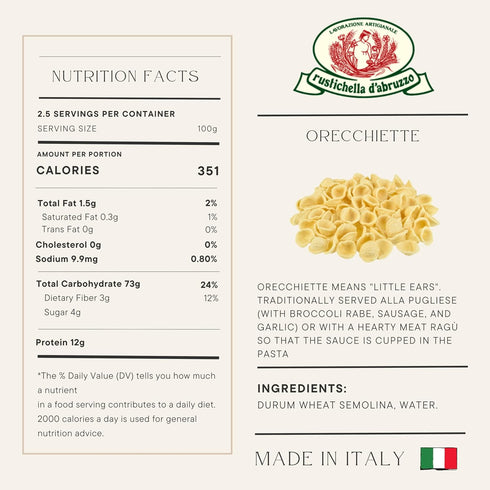 500g 1 Pack Rustichella d'Abruzzo Orecchiette - Heritage Italian Wheat Pasta with Sweet Malty Flavor - Ideal