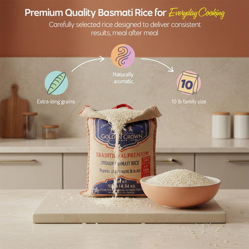 10 lb 4.5kg Golden Crown Indian White Basmati Rice - Naturally Aged - Gluten Free, Rich Aroma, Non Sticky & Extra Long