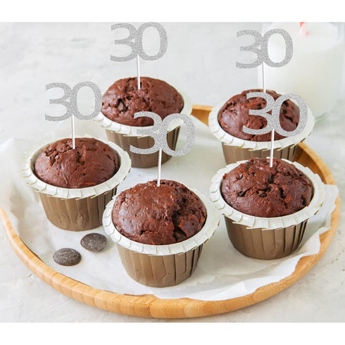Sumerk 24PCS Silver Glitter Cupcake Toppers, 30th Birthday Picks, Anniversary Party Decorations