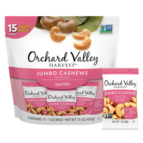 Orchard Valley Harvest Jumbo Cashews, 1 oz Bags (Pack of 15), Whole