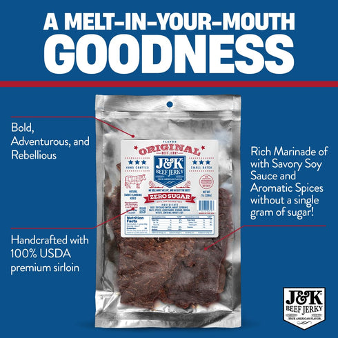 7oz J&K Sugar-Free Original Beef Jerky - Real Premium Smoked Beef with Double Tenderness - Paleo & Keto Friendly