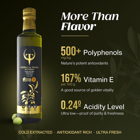 17 Oz, 500 ml Tierras de Tavara Selection | Ultra High Polyphenol Extra Virgin Olive Oil, First Cold Pressed Spanish