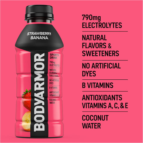 Potassium-Packed 16 Oz (Pack 12) BODYARMOR Sports Drink Sports Beverage, Strawberry Banana, Coconut Water Hydration