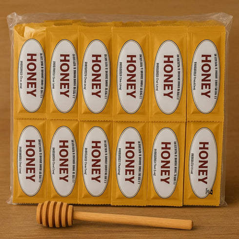 Movelo Packets 25 Packs Pack Honey Single-Serve Portion Sachets with Wooden Dipper Natural Sweetener for Tea, Coffee