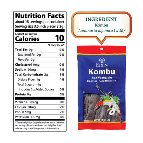 2.1 Oz Eden Kombu, Wild Japanese Hand Harvested Sea Vegetable, for Dashi, Seaweed