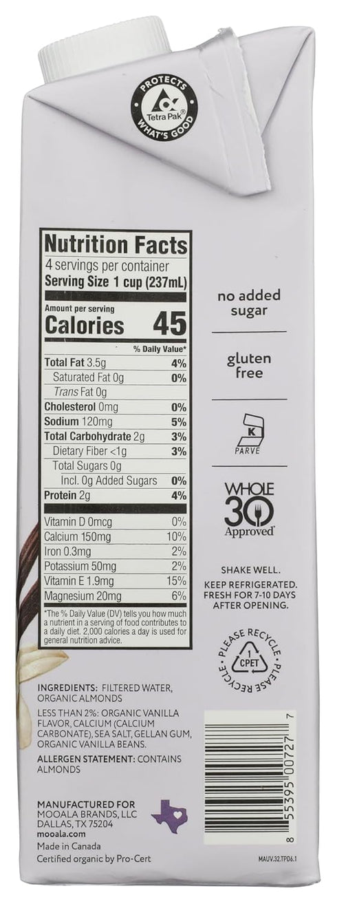 (6 Pack) Mooala Brands Plant Based Beverage, Unsweetened Vanilla Almondmilk | Organic Plant Based Beverage | Dairy
