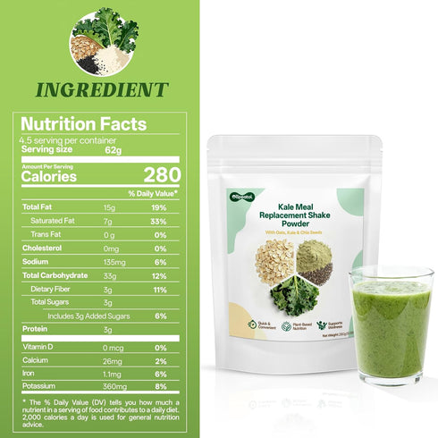 Freeze-Dried Kale Meal Replacement Shake | Powder with Oat & Chia Seeds, Plant Protein Rich Superfood Blend, Supports
