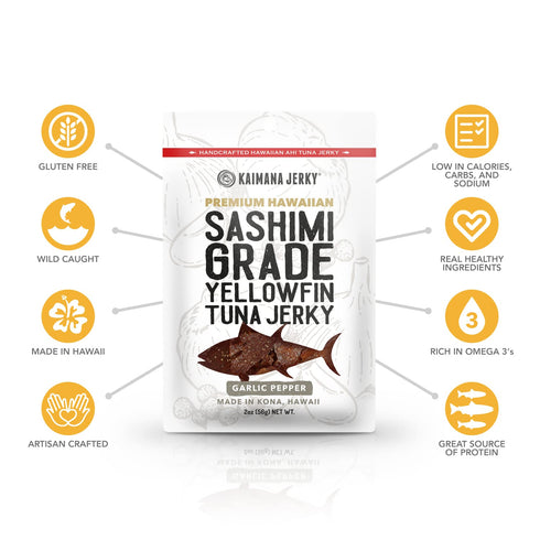 3's, 2 (Pack 3) Kaimana Ahi Tuna Jerky Garlic Pepper - Soft and Tasty - Premium Fish Jerky Made in the USA. High