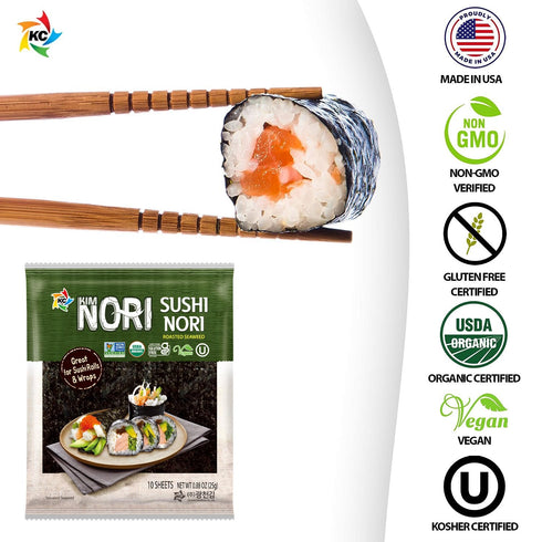 KIMNORI Sushi Nori Seaweed Sheets – 10 Full Size USDA Organic Yaki Roasted Rolls Wraps Snack 100% Natural Laver Gluten