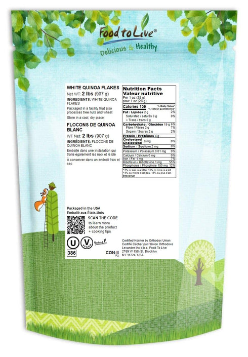 2 Food to Live White Quinoa Flakes, Pounds - Pressed Quinoa Seeds, Whole Grain, Raw, Kosher, Bulk.Great Oatmeal